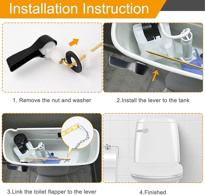 Hibbent Universal Metal Front Mount Toilet Handle Replacement Kit, Brass Toilet Flush Tank Lever with Stainless Steel Flapper Chains for Most Toilets, Matte Black Finish