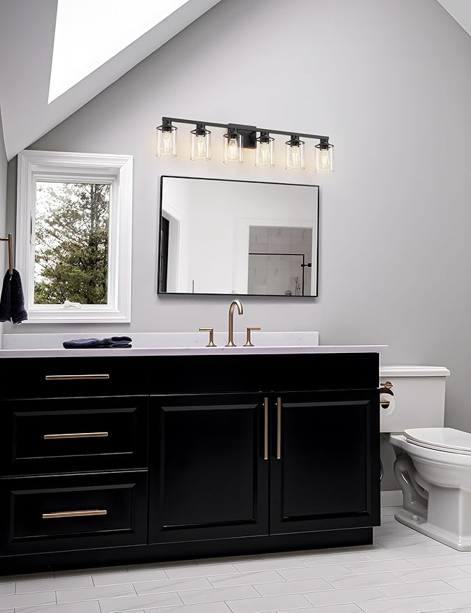 DORESshop 6-Light Black Bathroom Light Fixtures Over Mirror with Clear Glass Shade, Vanity Lights for Bathroom Mirror Hallway