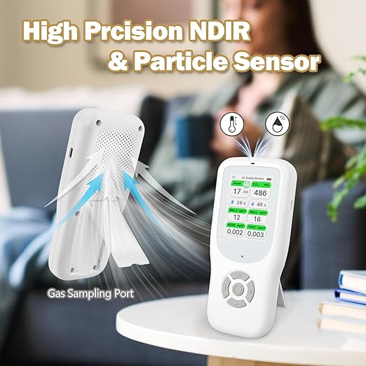 11-in-1 Air Quality Monitor - Portable Indoor Air Quality Detector with Stand, Real-Time Test for AQI, CO2, PM2.5, PM1.0, PM10, TVOC, HCHO, Particles, Temperature & Humidity with Aler (White-White)