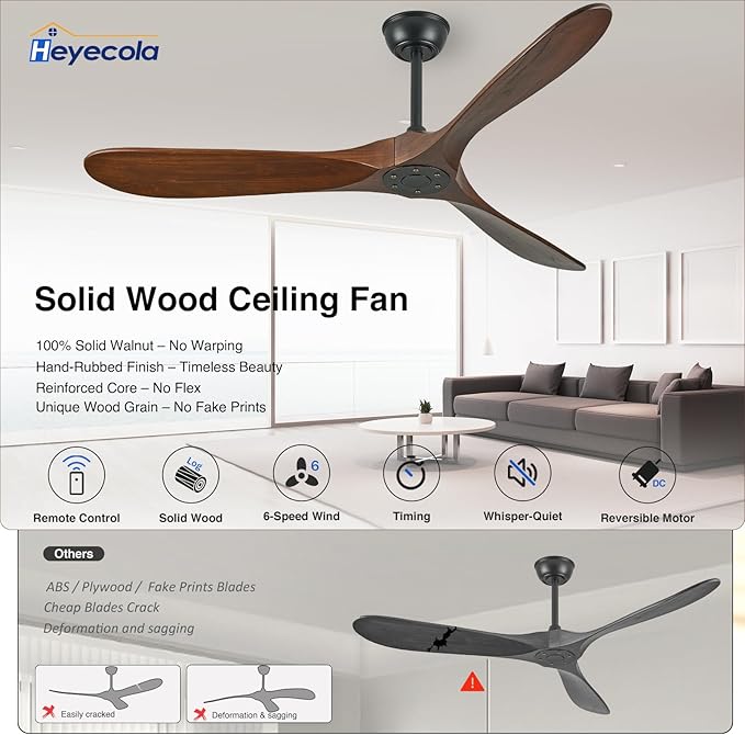 60 Inch Wood Ceiling Fan No Light,ETL Listed Farmhouse Outdoor Ceiling Fans for Patios with Remote,3 Blade Low Profile Windmill Propeller Room Fan with High CFM DC Motor for Exterior Pergola(Walnut)