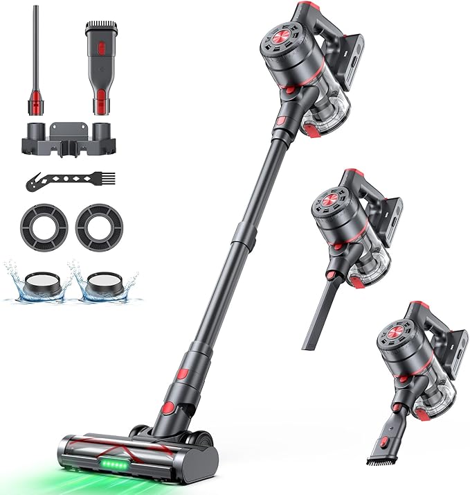 Cordless Vacuum Cleaner, 580W 60KPA Dual Motor Stick Vacuum for Home with 60mins Runtime, 6 LED Green Headlights, Self-Standing Design, V-Shaped Floor Brush for Carpet Tile Pet Hair Hardwood Floors