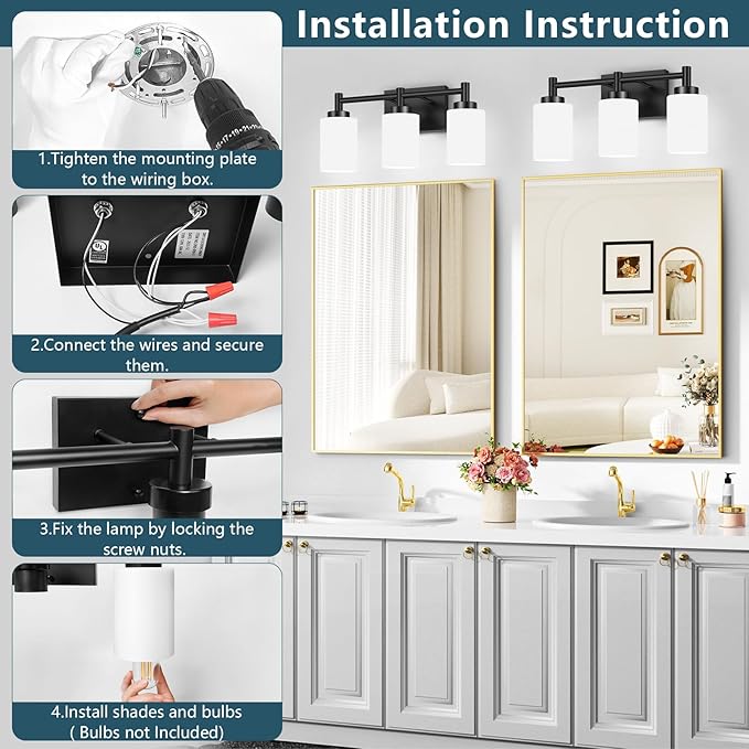 3-Light Bathroom Vanity Light Fixtures Over Mirror, Rustproof Vanity Lights for Bathroom, Modern Black Bathroom Lights Wall Mount with Milky White Glass Shades for Bedroom Living Room