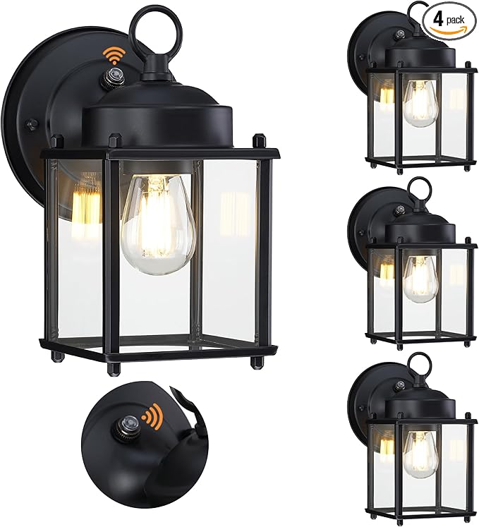 GRUENLICH Dusk to Dawn Outdoor Wall Lantern, Exterior Wall Sconce Light Fixture, Outside Porch Lighting with Clear Glass for House, Patio, Matte Black, 4 Pack