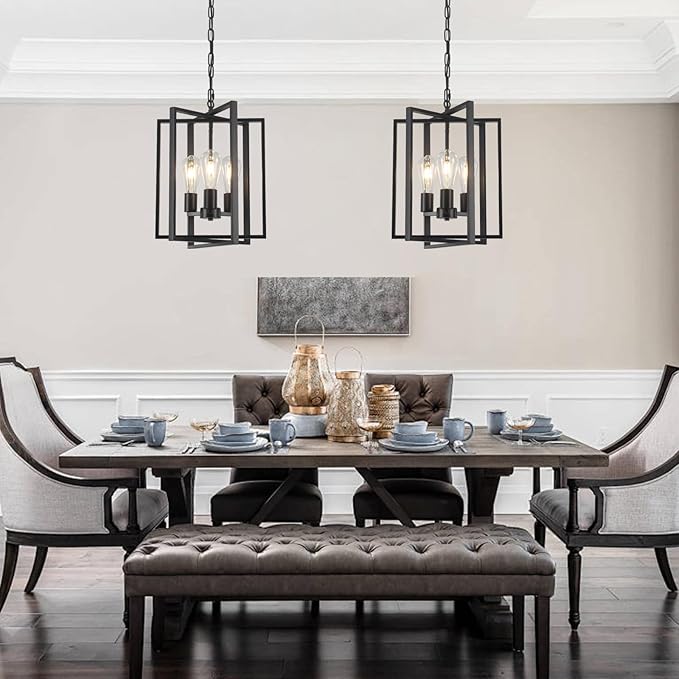 Black Farmhouse Modern Chandelier Light Fixture for Dining Room, 3 Light Rustic Kitchen Island Metal Pendant Hanging, Adjustable Geometric Foyer Light Fixtures for Entryway Hallway Living Room