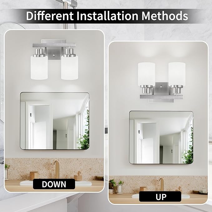Bathroom Light Fixtures Over Mirror, 2-Light Modern Nickel Vanity Lights with White Glass Shade, Bathroom Wall Lamp Sconces for Mirror Bedroom, Living Room Hallway Small Space