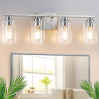 4-Light Bathroom Light Fixtures, 27" Modern Vanity Lights Over Mirror with Clear Glass Shades, Brushed Nickel Wall Sconce, Classic Wall Light Fixture for Mirror Living Room Cabinet Bedroom Porch