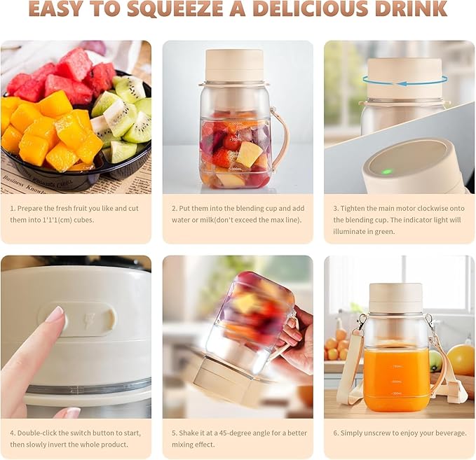 Portable Blender,FOUSIUTIM Personal Blenders for Shakes and Smoothies with34oz Cup, Lid and Shoulder Strap, Type-C USB Rechargeable, Personal Size Blenders BPA-free for Home，Gym/Travel