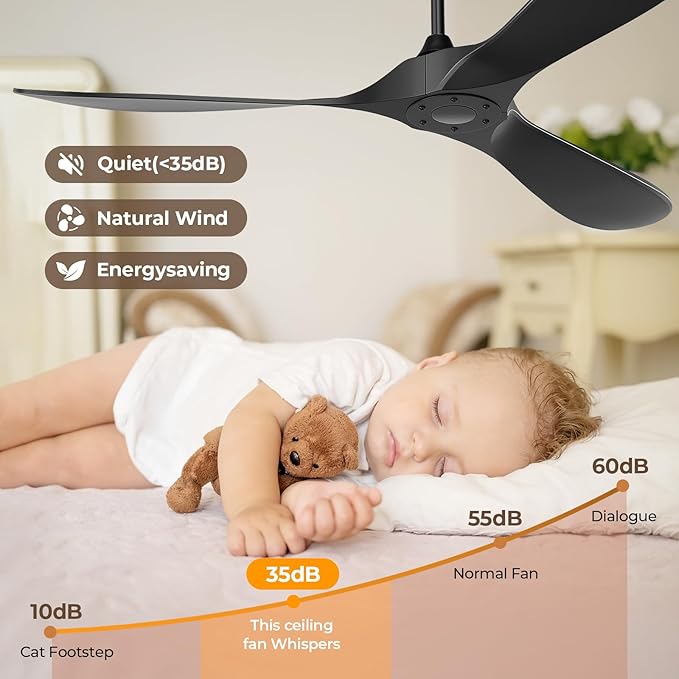 60 Inch Ceiling Fan Without Lights, Black | Outdoor Ceiling Fan with Remote, 6-Speed Adjustable Reversible DC Motor for Patio & Living Room