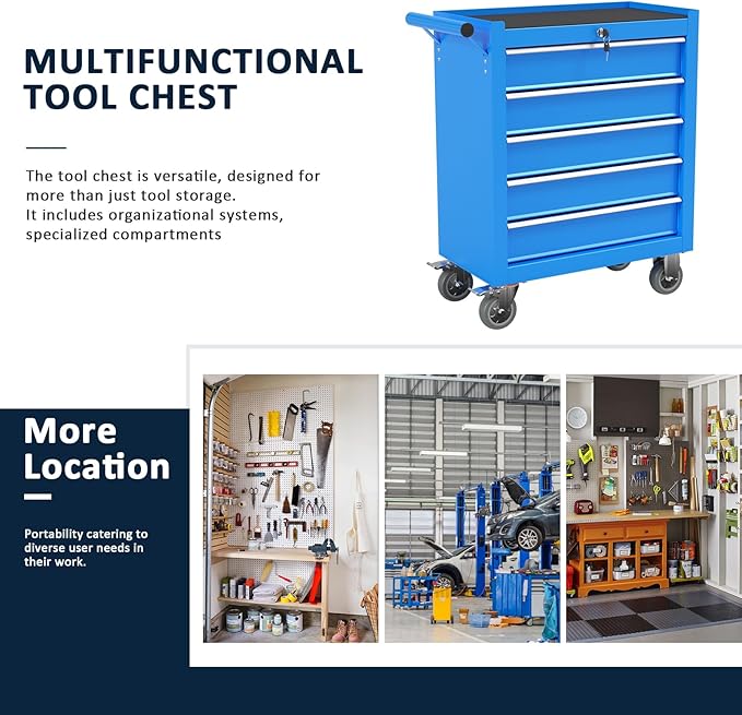 5-Drawer Metal Rolling Tool Chest with Wheels,Tool Storage Cabinet with Locking System，Toolbox with Wheels for Garage, Warehouse, Workshop, Repair Shop (Blue, 5Drawer)