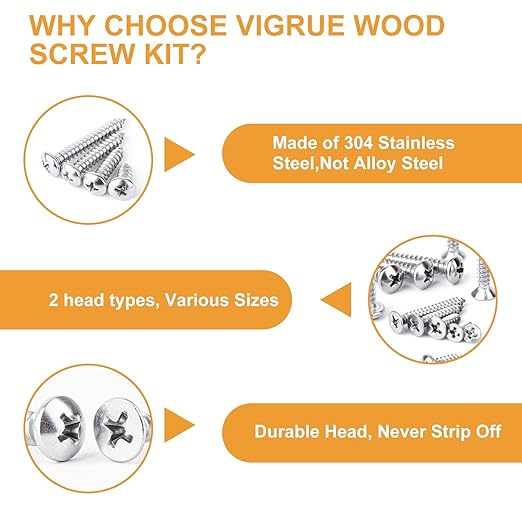 VIGRUE 520pcs 304 Stainless Steel Wood Screw Assortment Kit, #4#6#8#10 Flat Head & Pan Head Philips Self Tapping Screw Assortment
