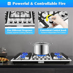5 Burners Built in Gas Stovetop Cooker Gas Range Portable Stainless Steel Cooktop LPG/NG Dual Fuel Cast Iron Grate Gas Stove Kitchen Cooking Stove for Home RV Outdoor Apartment Silver(33.85x19.68Inch)