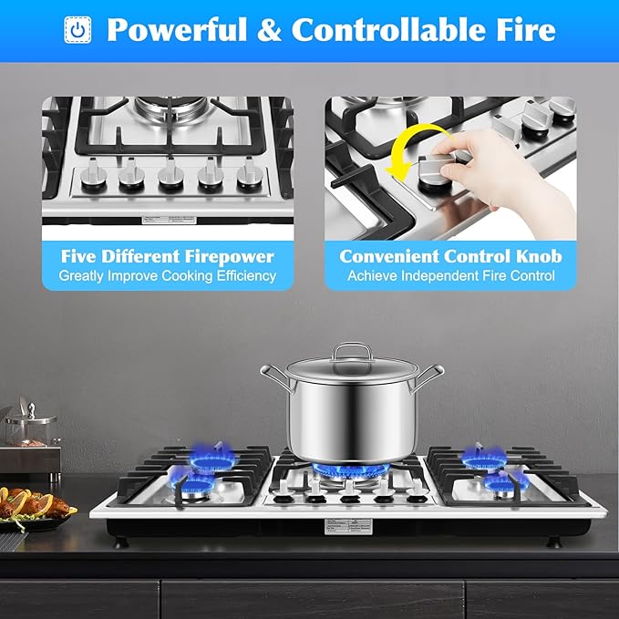 5 Burners Built in Gas Stovetop Cooker Gas Range Portable Stainless Steel Cooktop LPG/NG Dual Fuel Cast Iron Grate Gas Stove Kitchen Cooking Stove for Home RV Outdoor Apartment Silver(33.85x19.68Inch)