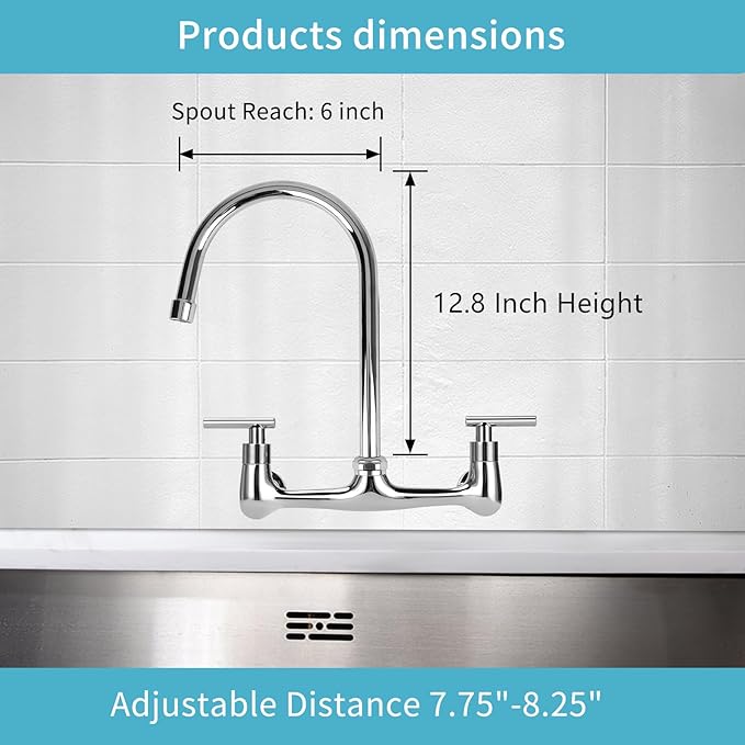8 Inch Center Wall Mounted Kitchen Faucet, Commercial Sink Faucet with 6" Gooseneck Swivel Spout 2 Handle Utility Faucet for Home Restaurant Compartment Sink