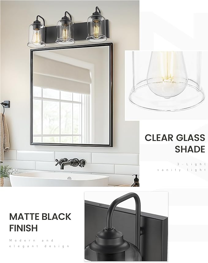 zeyu Black Bathroom Vanity Light, 20.5 Inch Bathroom Light Fixtures Over Mirror, 3-Light Modern Wall Sconces with Clear Glass Shade, ZSL72B-3W BK