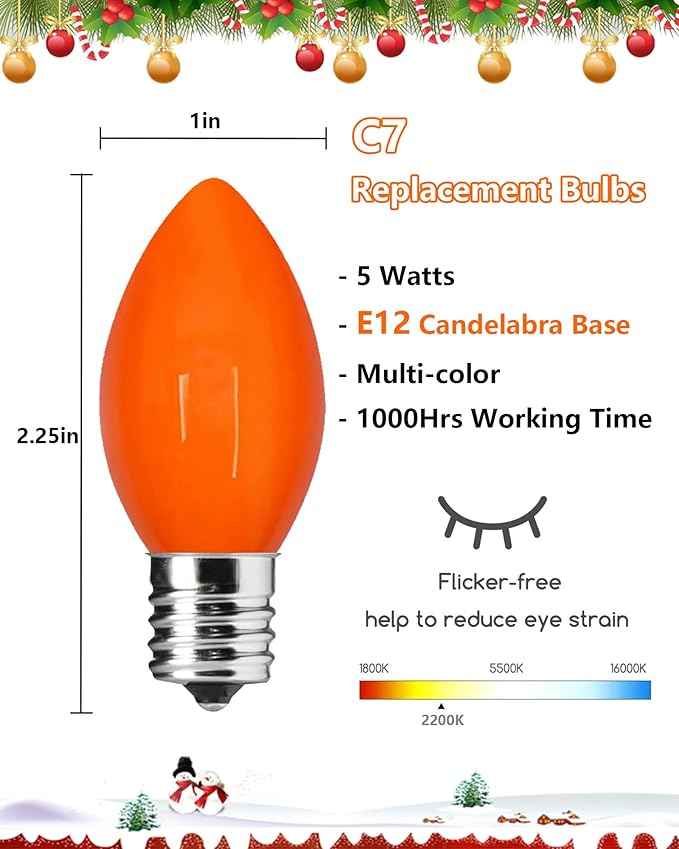 25 Pack C7 Christmas Light Bulbs, C7 Ceramic Multicolor Christmas Lights Replacement Bulb, E12 Candelabra Base Vintage Light Bulbs for Outdoor Xmas String Lights Nightlight Chandelier, 5 Watts