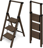 HillhutApex 3 Step Foldable Aluminum Step Ladder with Handgrip, Anti-Slip Pedal, 330lbs Capacity, Lightweight & Portable for Home, Kitchen, Office, Garage (Walnut)