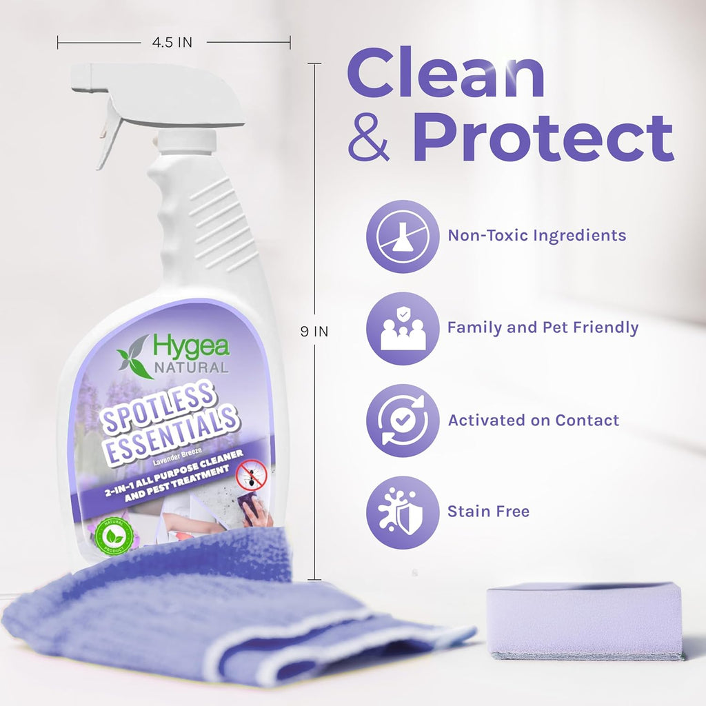 Hygea Natural Spotless Essentials - Concentrated Multi-Surface Cleaner for Home & Kitchen - Eliminates Dust Mites, Bed Bugs, Ants, Lice - Child & Pet Friendly - 24oz (Lavender Breeze Scent)