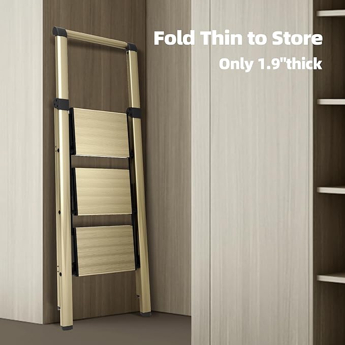 HillhutApex 3 Step Foldable Aluminum Step Ladder with Handgrip, Anti-Slip Pedal, 330 lbs Capacity, Lightweight & Portable for Home, Kitchen, Office, Garage (Gold)