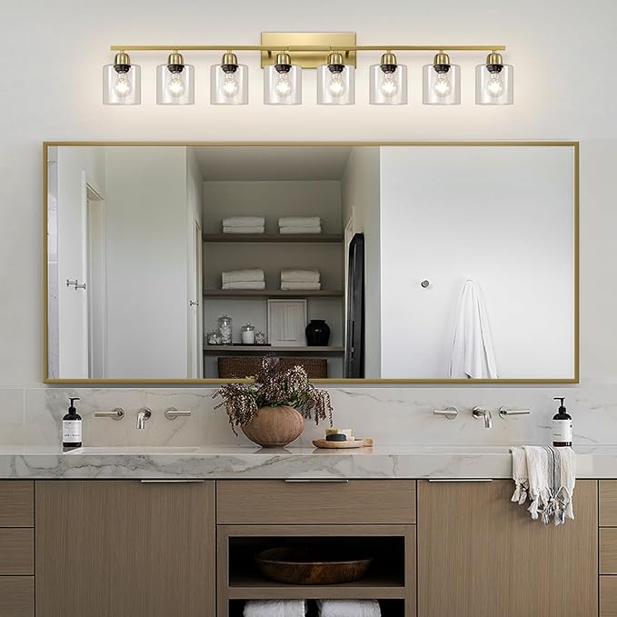 Modern Brushed Gold 8 Light Bathroom Light Fixtures, 52 inch Vanity Lights for Bathroom with Clear Glass for Mirror Kitchen Living Room Hallway Cabinet Porch