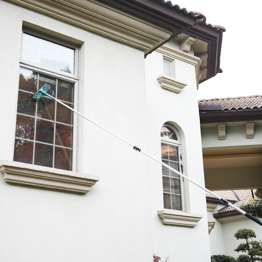 20 Feet High Reach Window Squeegee with 5-12Ft Extension Pole, Window Cleaner Tool with 3-Stage Telescoping Pole, Window Cleaning Kit with Rotatable Head (2 Squeegee & 2 Microfibre Cloths)