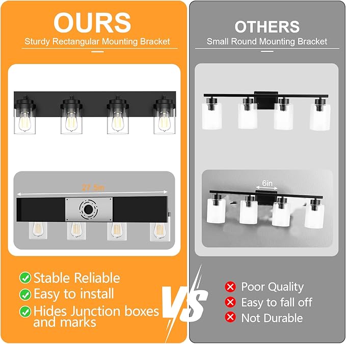 IZORRO Bathroom Vanity Light Fixture, 4-Light 27.5 Inch Matte Black Bathroom Light Fixtures Over Mirror, with Clear Glass Shade, Modern Farmhouse Vanity Lights, Rustic Restroom Lighting Fixtures