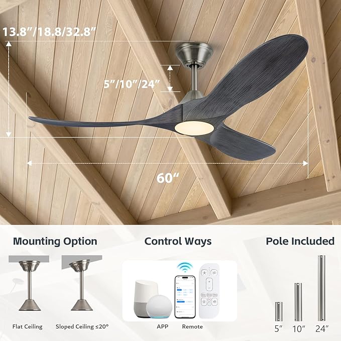 60 Inch Gray Wood Ceiling Fans with Lights, Smart Control-Remote/Alexa/Tuya App, Outdoor Ceiling Fan for Patio with Reversible DC Motor, Modern Farmhouse Ceiling Fan for Office Exterior Porch
