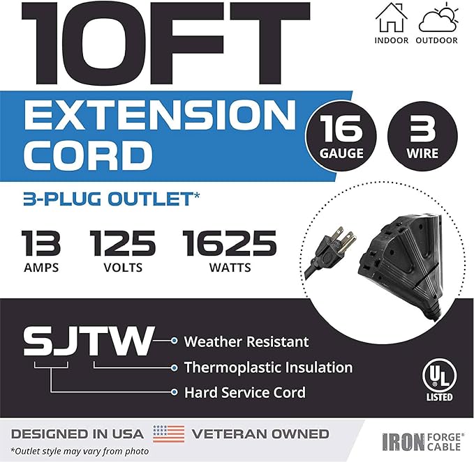 Iron Forge Cable 2 Pack 10 Ft Black Extension Cord with 3 Outlets - 16/3 SJTW 10 Foot Extension Cord 3 Prong, Weatherproof Power Cable for Outdoor