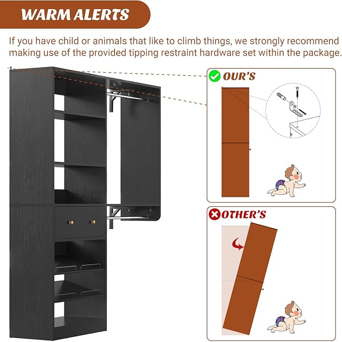 [10 FT Closet System] Reversible Set of 2 Wood Closet Organizer System with 2 Drawers, 4 Hanging Rods Adjustable Shelf, Walk In Closet Organizers with Shoe Rack, Garment Rack Clothes Rack, Black