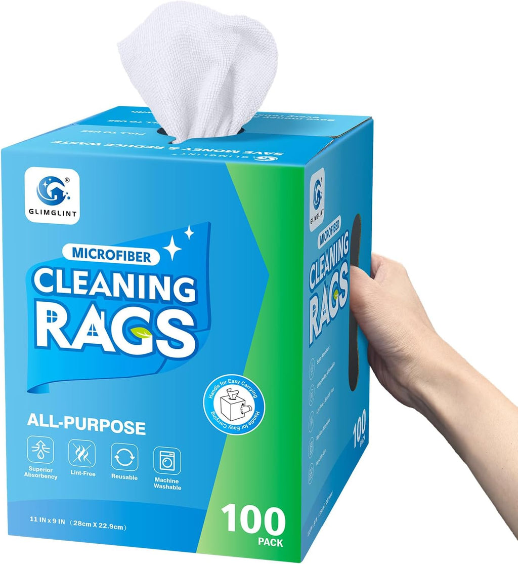 GLIMGLINT Microfiber Cleaning Cloth, 100 Pack Shop Towels, Lint-Free, Ultra Absorbent Reusable or Disposable Microfiber Cloths for Kitchen, Car, Cleaning Rags, 11" x 9", White
