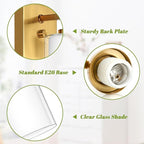 Set of 2 Wall Sconces for Bathroom, Modern Vanity Light Fixtures, Gold Wall Mount Lighting Lanterns, Farmhouse Wall Lights with Double Clear Glass Shade for Bedroom Living Room Mirror Hallway