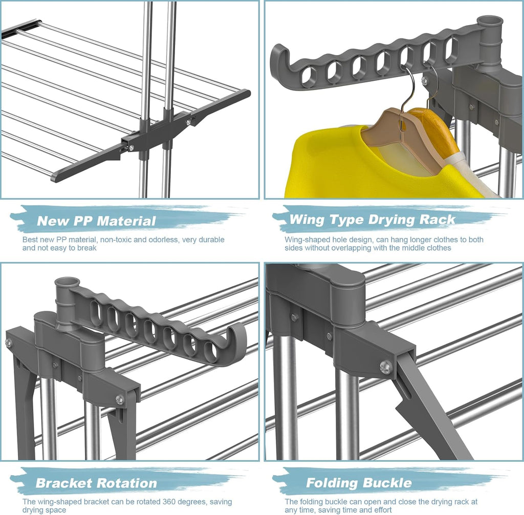 Bigzzia 3 Tier Clothes Drying Rack, 57 Inch Laundry Drying Rack, Foldable Stainless Steel Kids Clothing Rack, Movable Laundry Rack for Indoor Outdoor - Grey