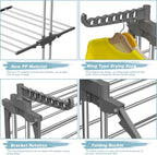 Bigzzia 3 Tier Clothes Drying Rack, 57 Inch Laundry Drying Rack, Foldable Stainless Steel Kids Clothing Rack, Movable Laundry Rack for Indoor Outdoor - Grey