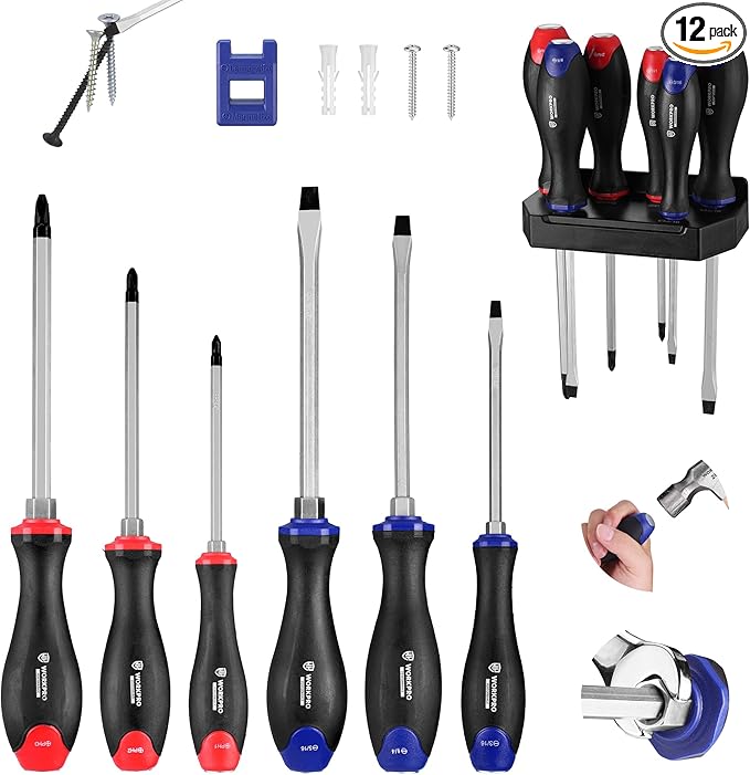 WORKPRO Magnetic Screwdriver Set 12-Piece, Go-Thru Screw Driver Set Kit with Wall Mount Rack, Includes Slotted & Phillips Screwdrivers, Magnetic Screwdriver with Magnetizer Demagnetizer Tools