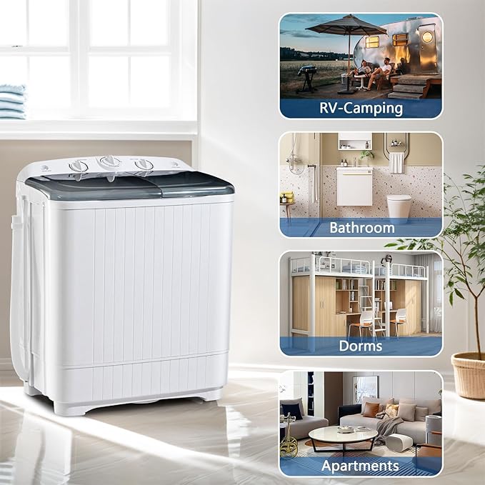 Sportpulse 22lbs Compact Mini Twin Tub Washing Machine with Drying Rack, 13lbs Portable Laundry Washer and 9lbs Spinner, Convenient and Efficient for Dorms, Apartment (Black, 22lbs)