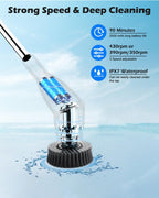 Electric Spin Scrubber Cordless Shower Cleaning Brush with 10 Replaceable Heads Powerful IPX7 Waterproof Bathroom Cleaner 3 Speeds Detachable Long Handle Voice Broadcast for Floor Car Kitchen