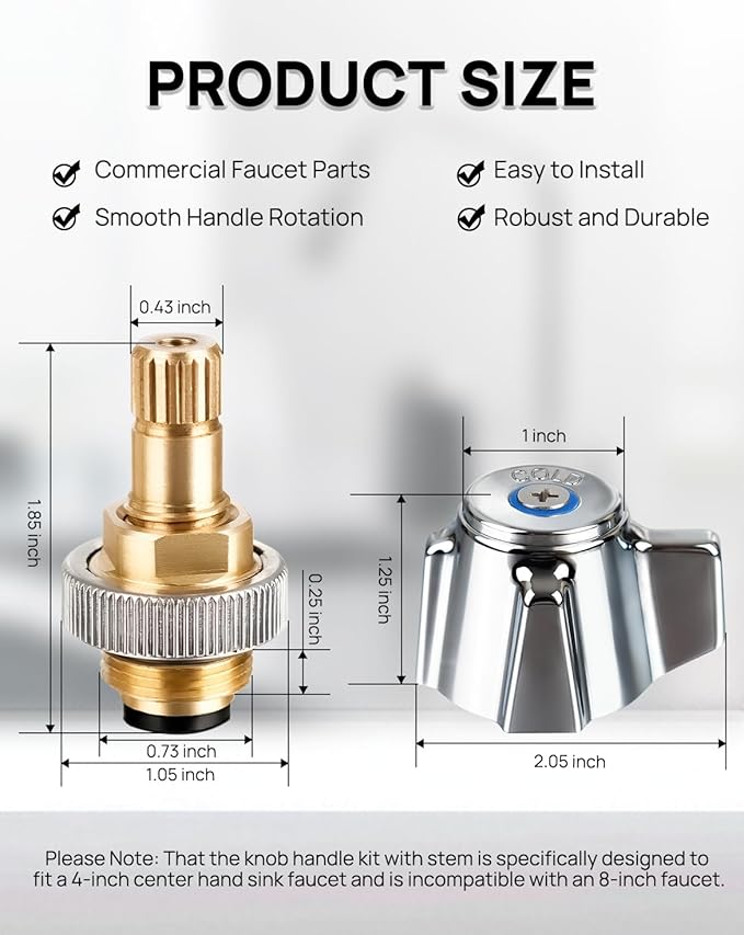 4" Brass Faucet Handle Cartridge Replacement Stem Assembly Faucet Valves Cold Knob Handle Kit with Stem for Kitchen & Bathroom Knob Handles