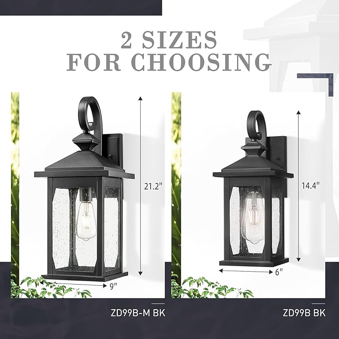 zeyu 1-Light Exterior Light Fixture, 14.4 Inch Outdoor Wall Lantern for Patio House, Die-Cast Aluminum with Seeded Glass, Black Finish, ZD99B BK