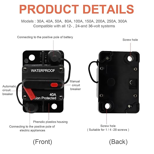 ERAYCO 40 Amp Circuit Breaker with Manual Reset Waterproof Inline Fuse Inverter for Marine Trolling Motors Boat ATV Manual Power 12V-42VDC (40A)
