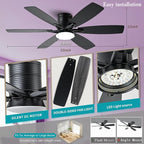 52inch Black Ceiling Fans with Lights and Remote/App Control, Low Profile Ceiling Fan with Light and 6 Double-Side blades, Flush Mount, LED/RGB Dimmable DC Reversible Modern Ceiling Fan for Bedroom