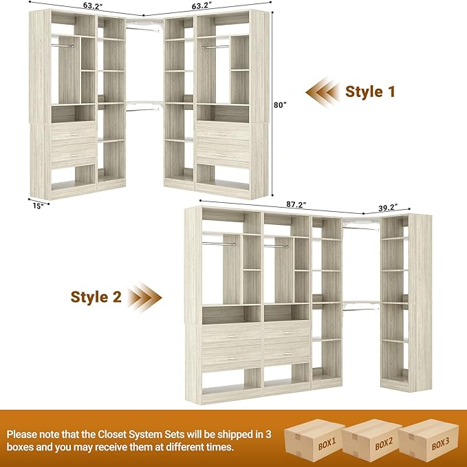 Large Corner Closet System with 3 Sets, 87.2" Closet Organizer System with 4 Drawers & 4 Hanging Rods, Reversible L Shaped Walk-in Closets, Load 2000+LBS, White Oak (87.2" L x 39.2" W x 80" H)