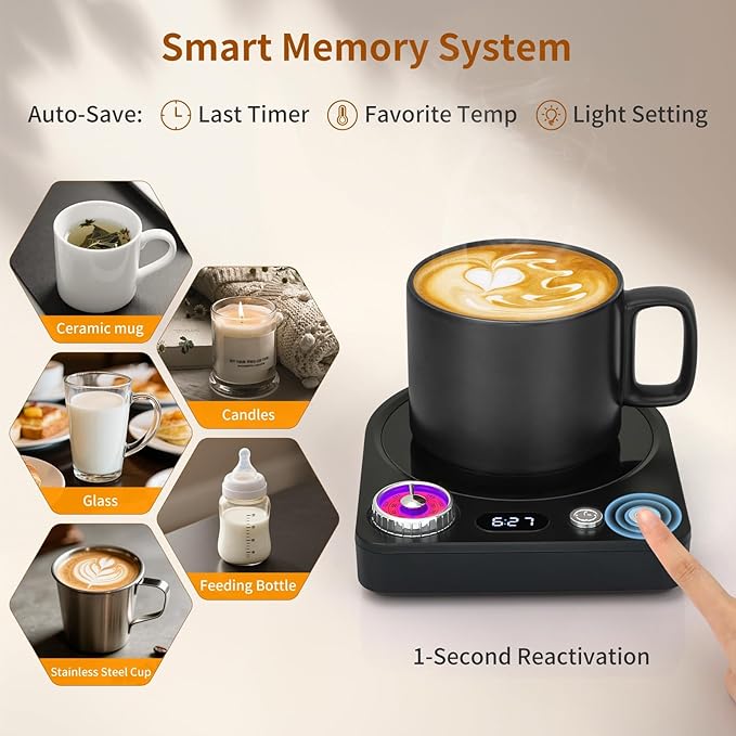VOBAGA Coffee Mug Warmer with Smart Memory System & 9-Temperature Setting, Coffee Cup Warmer with Customize Timer & Precise Minute Timing, Suitable for Work, Reading, Sleeping
