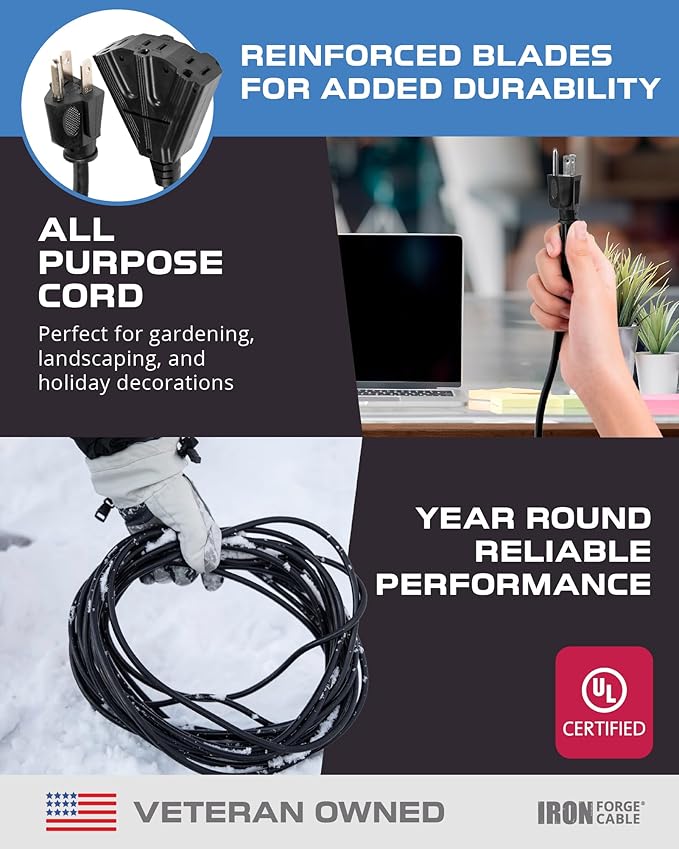 Iron Forge Cable 2 Pack 50 Ft Black Extension Cord with 3 Outlets - 16/3 SJTW 50 Foot Extension Cord 3 Prong, Weatherproof Power Cable for Outdoor