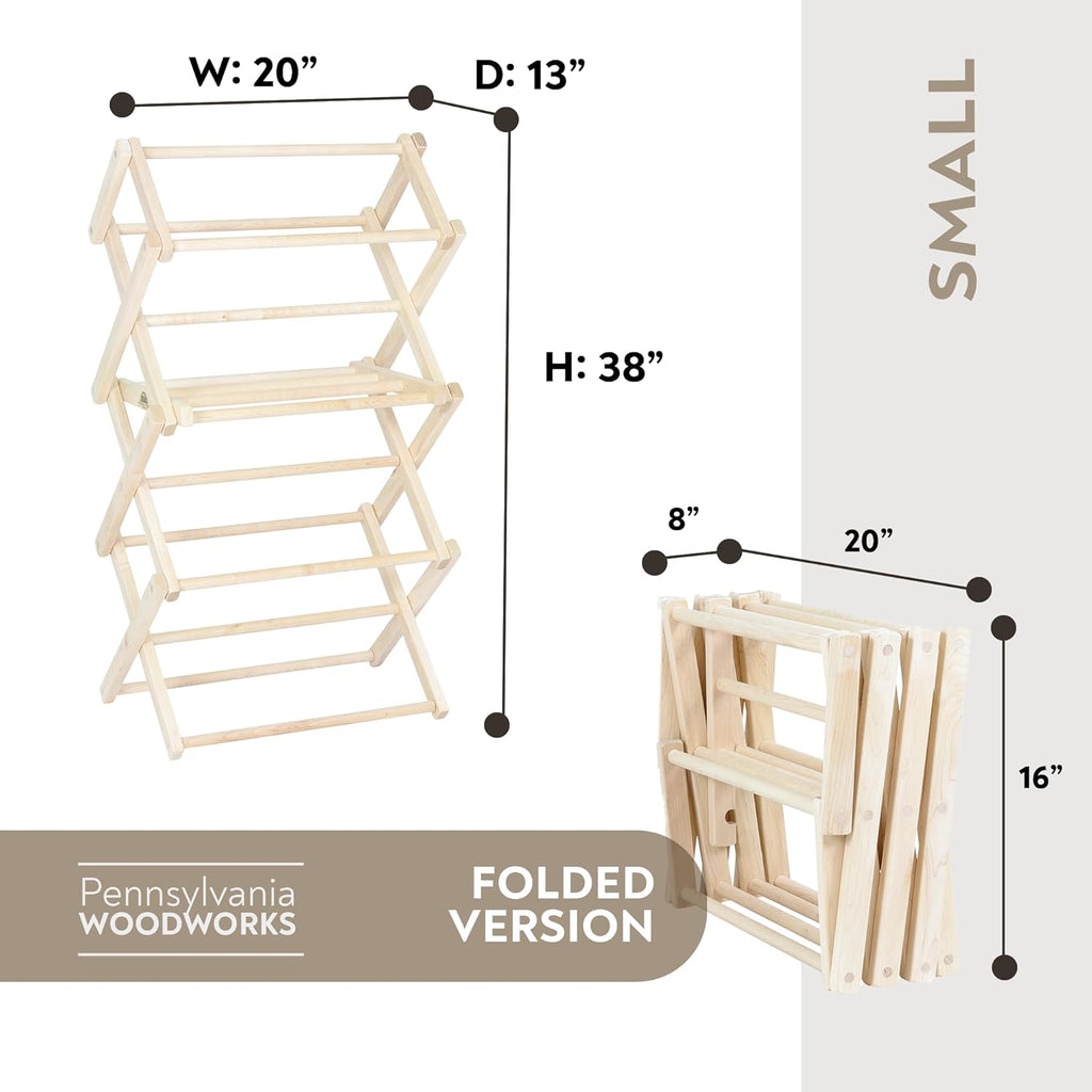 Pennsylvania Woodworks Clothes Drying Rack: Solid Maple Hard Wood Laundry Rack for Baby Clothes, Hand Towels, Delicates & More, Durable Small Folding Drying Rack, Made in USA, No Assembly Needed