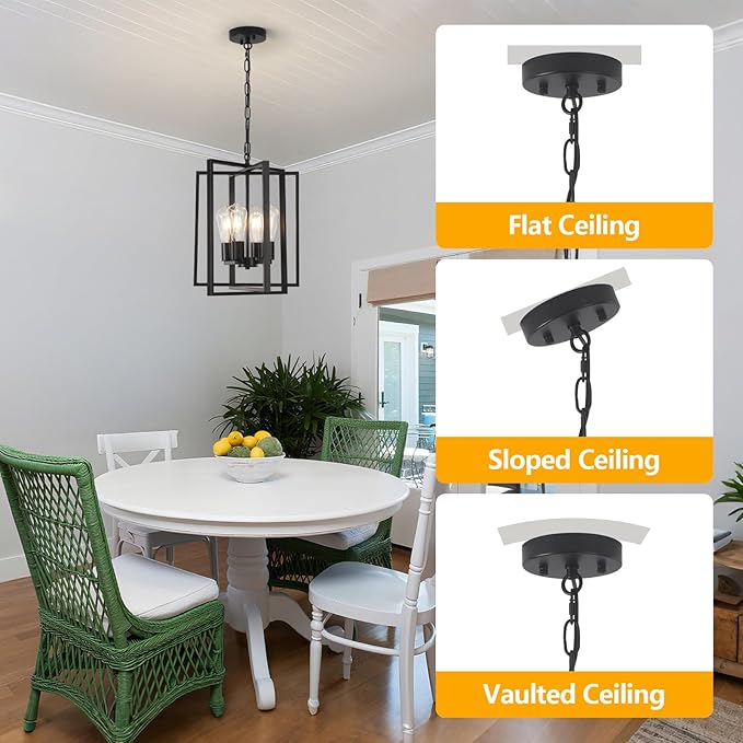 4 Light Modern Farmhouse Chandelier for Dining Room, Black Pendant Lights Fixtures for Kitchen Island, Foyer Lighting Fixtures High Ceiling for Entryway Hallway Living Room Bedroom