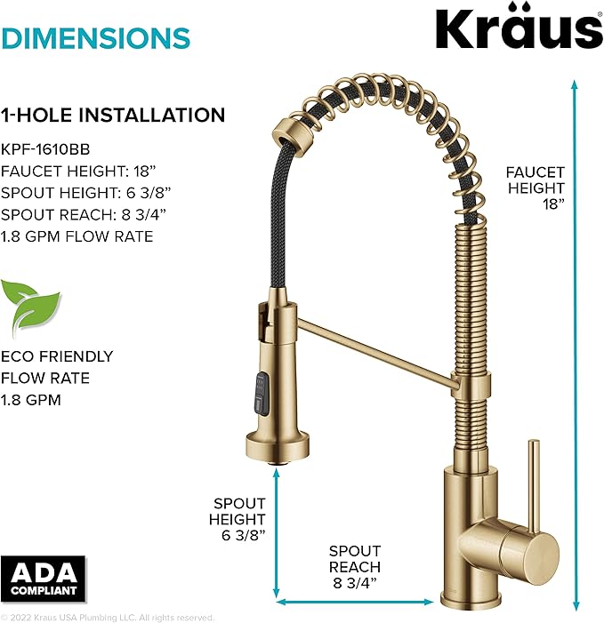 KRAUS Bolden Commercial Style 2-Function Single Handle Pull Down Kitchen Faucet in Spot-Free Brushed Brass, KPF-1610BB