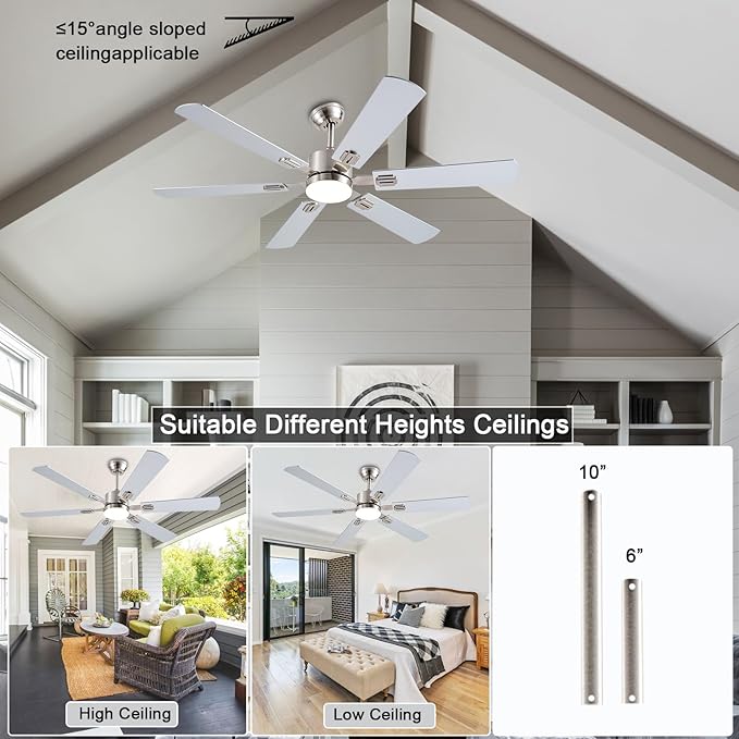 56inch Ceiling Fans with Lights and Remote/App Control, Dimmable LED, Reversible DC Motor, Noiseless, 6 Double-Side blades, 6 Speeds Low Profile Ceiling Fan for Indoor/Outdoor Use（ Nickel）