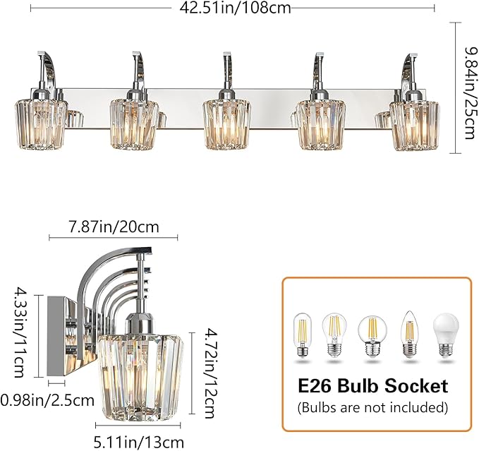 Modern Bathroom Vanity Light, 5-Light Chrome Wall Sconce with Crystal Accents, Over Mirror Bathroom Lighting Fixture, 42.52" Long Dimmable Vanity Lamp for Makeup, Easy Installation