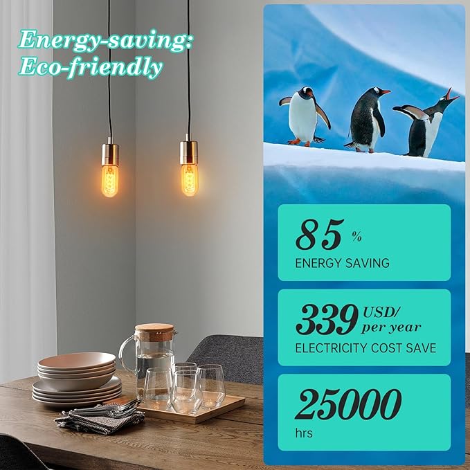 AMDTU E26 Edison Bulbs 60 Watts Equivalent, 600 Lumens LED Bulbs 7W, Ultra Filament Spiral E26 Base Edison LED Bulbs Dimmable, Warm Yellow 2200K T45 Amber Glass Tubular Light Bulbs 2 Pack