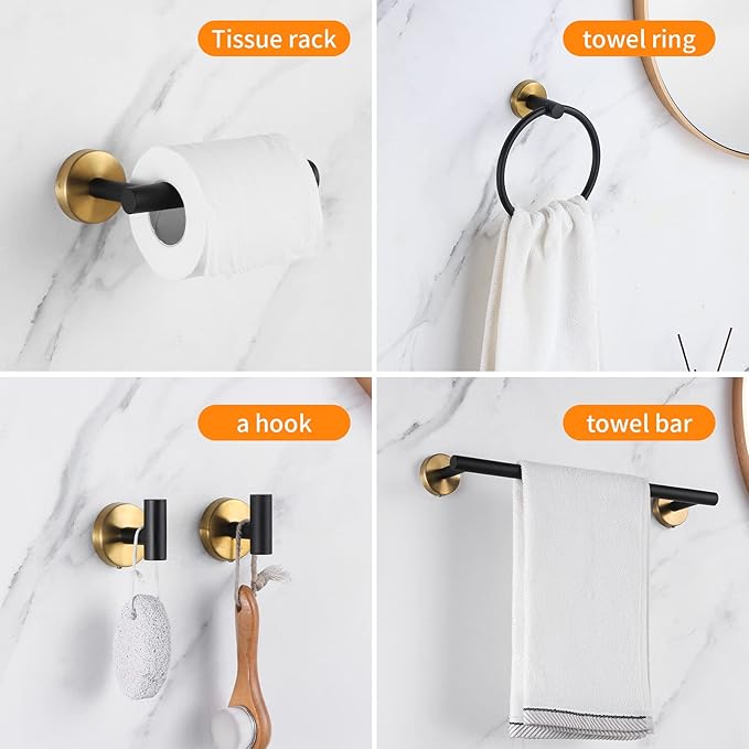 Bathroom Hardware Set Black and Gold，Towel Bar Set Including 2pcs 16inch Towel Bars, 2pcs Toilet Paper Holders, 2pcs Towel Rings and 4pcs Robe Towel Hooks
