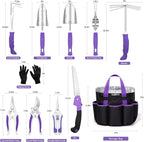 Purple Garden Tool Set Gardening Items for Women - 11PCS Heavy Duty Garden Tools with Detachable Storage Bag, Weeder, Dual-Purpose Hoe